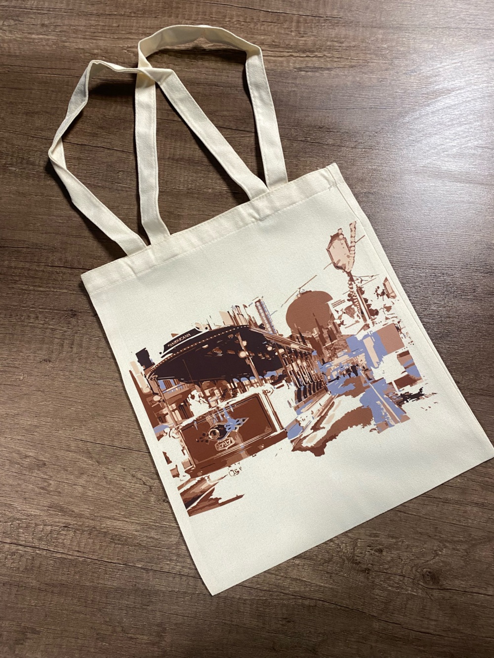 Canvas City-Print Tote Bag in Cream, Brown & Blue